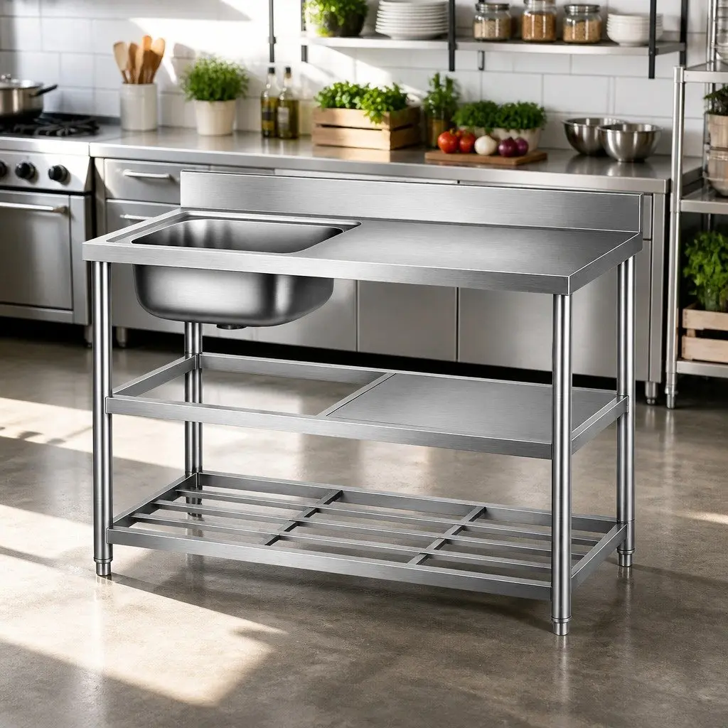 Stainless Steel Kitchen Bench Table Silver 120cm Integrated Sink Splashback