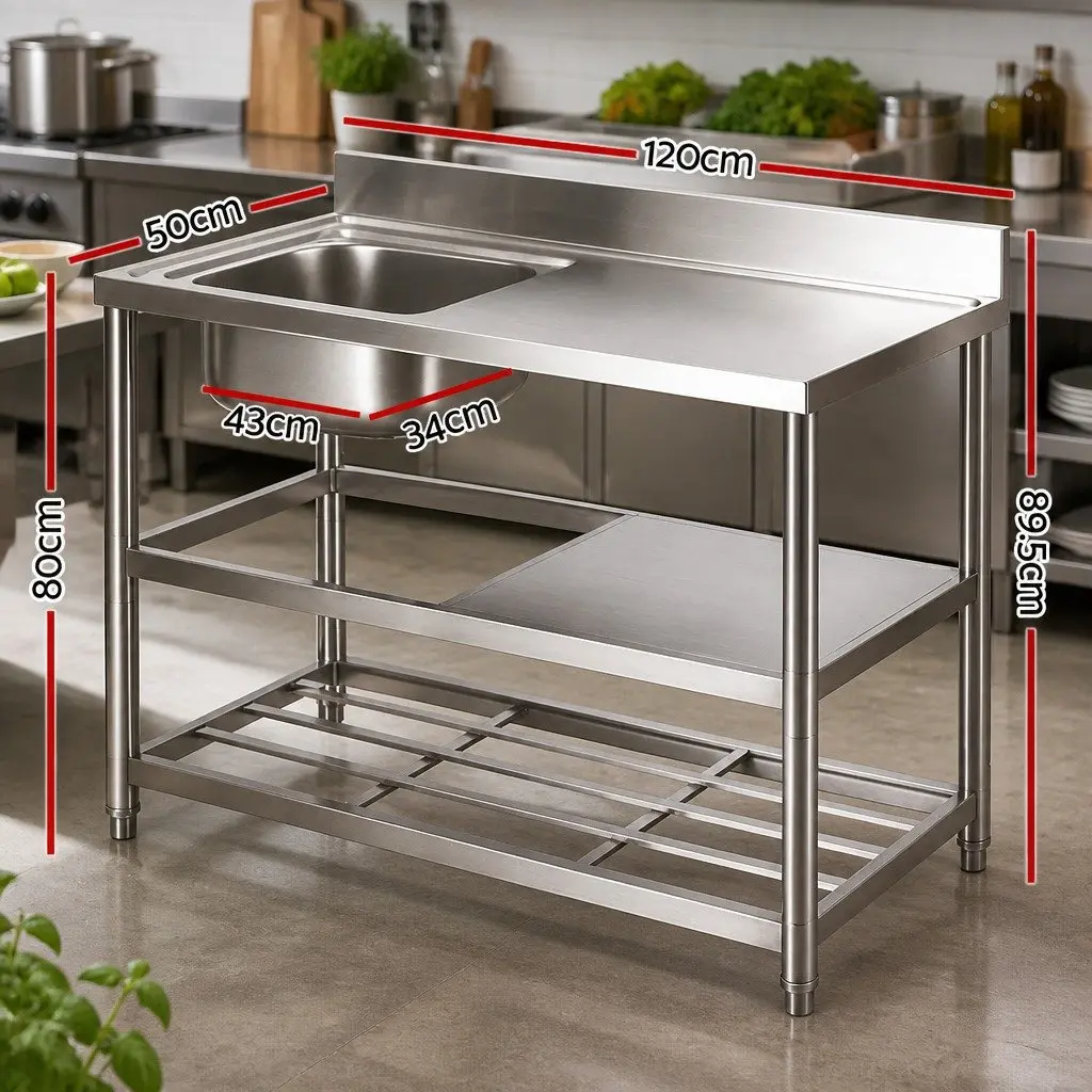 Stainless Steel Kitchen Bench Table Silver 120cm Integrated Sink Splashback