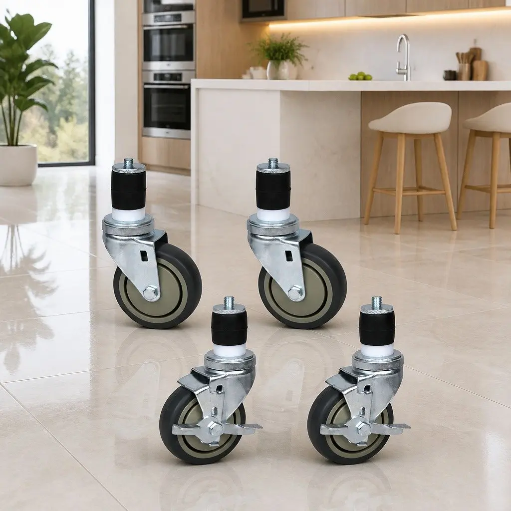 Swivel Castor Wheels Silver 4 Inch Set of 4 with Lock Brake for Kitchen Bench and Furniture