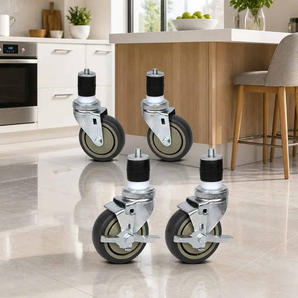 Swivel Castor Wheels Silver 4 Inch Set of 4 with Lock Brake for Kitchen Bench and Furniture