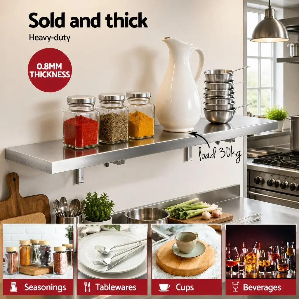 Wall Shelf Stainless Steel Kitchen Storage Rack 1200x300mm Commercial Floating