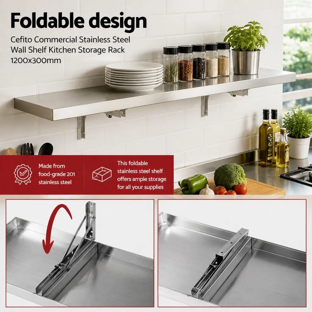 Wall Shelf Stainless Steel Kitchen Storage Rack 1200x300mm Commercial Floating