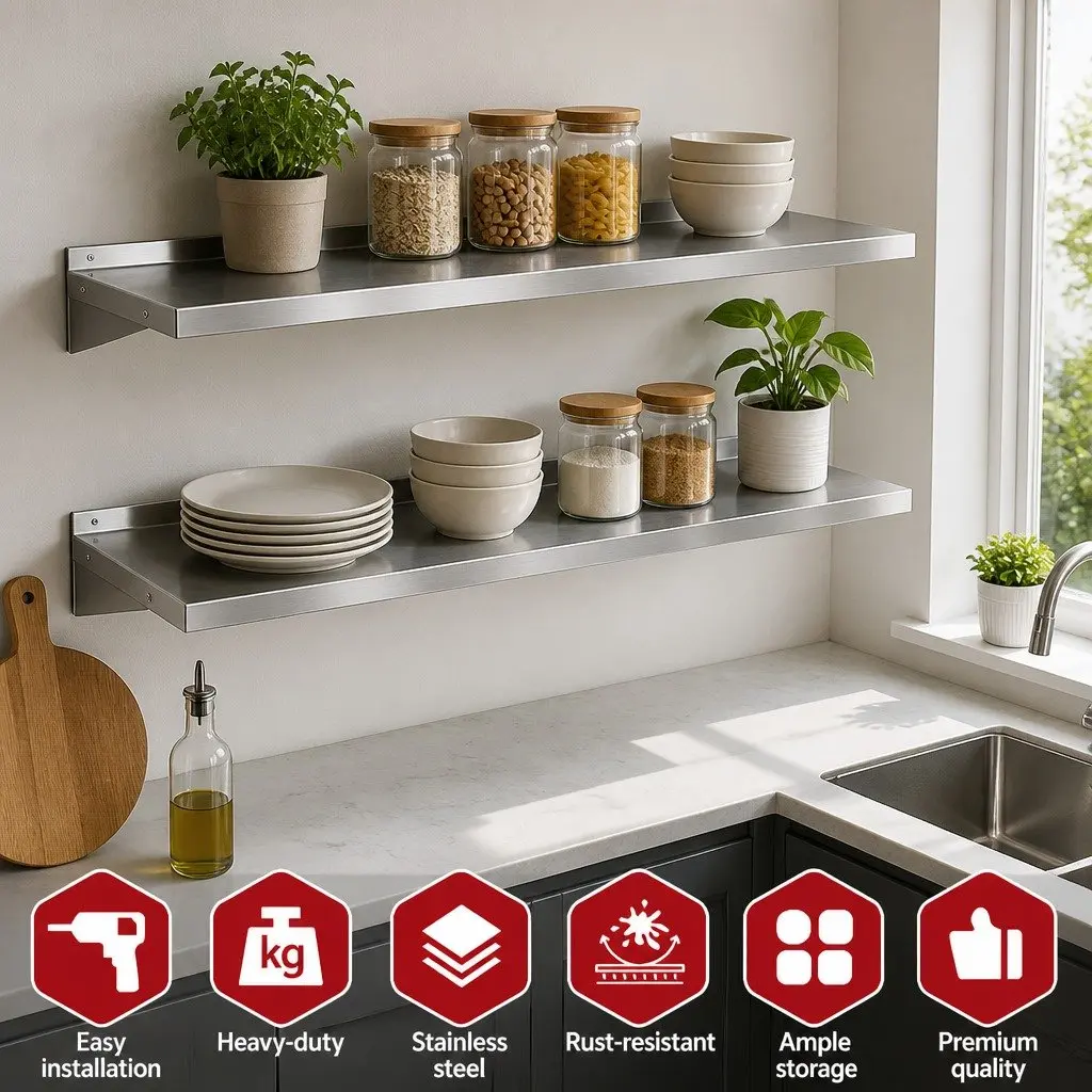 Stainless Steel Wall Mounted Kitchen Shelf Silver 1200mm Heavy Duty Storage Rack
