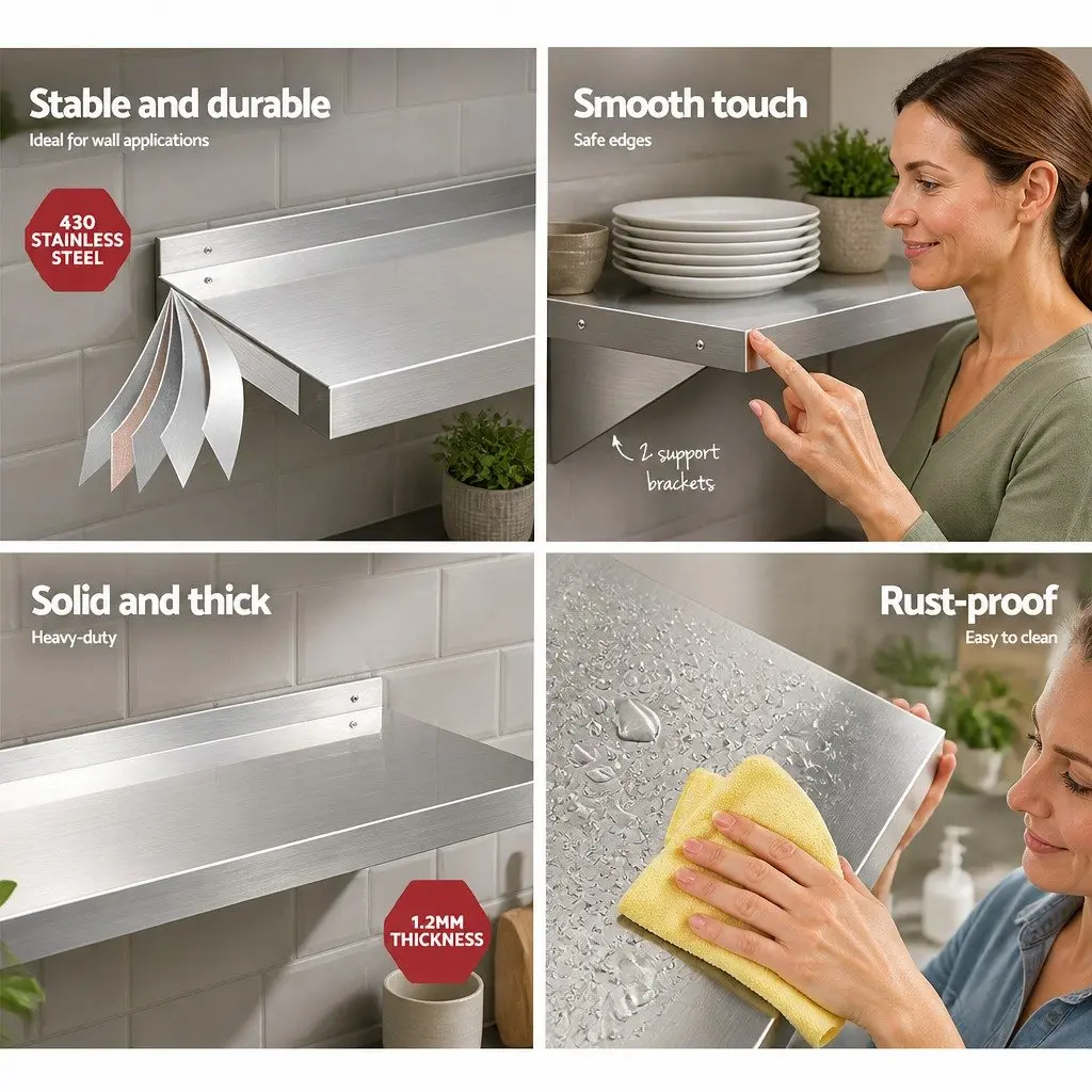 Wall Mounted Shelf Silver 1800mm Heavy Duty Stainless Steel Storage Rack