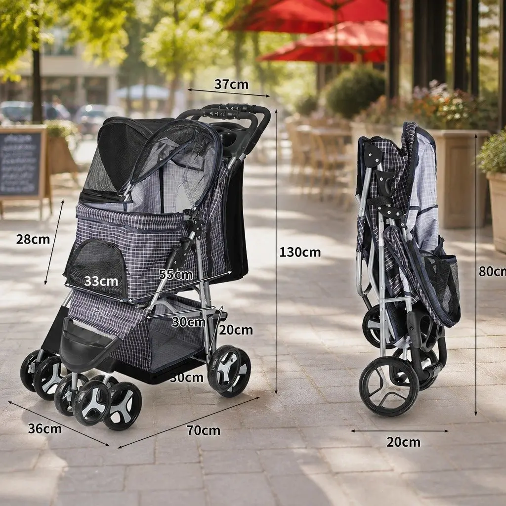 Pet Stroller Plaid Large Foldable One-Step Fold Wheel