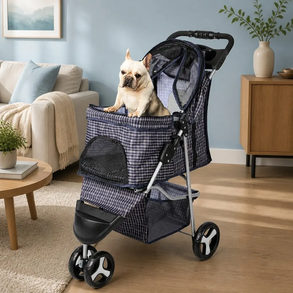 Pet Stroller Plaid Large Foldable One-Step Fold Wheel
