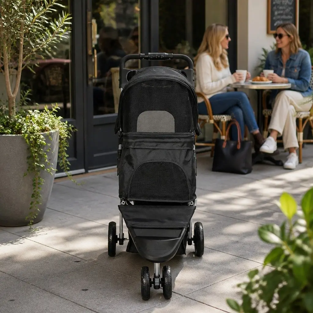 Pet Stroller Black Large Foldable Oxford Fabric Removable Cushion