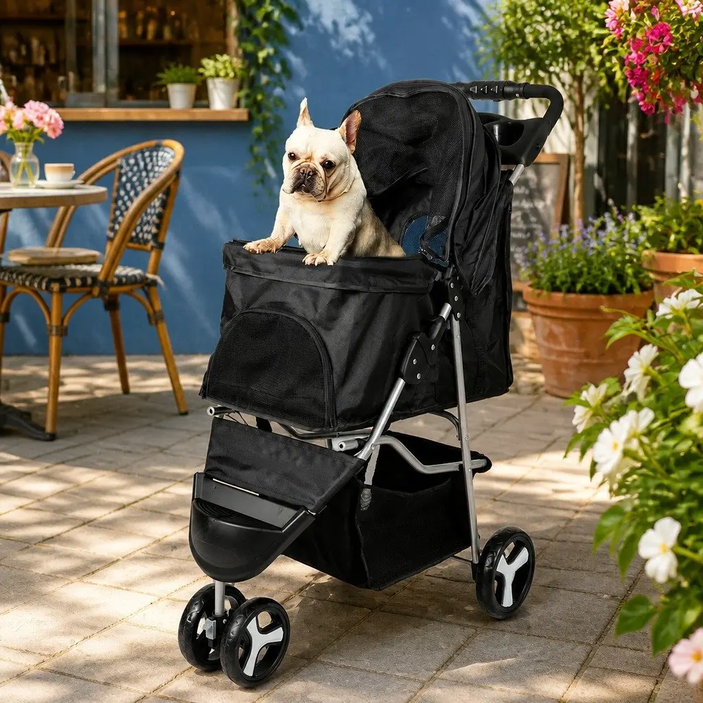 Pet Stroller Black Large Foldable Oxford Fabric Removable Cushion
