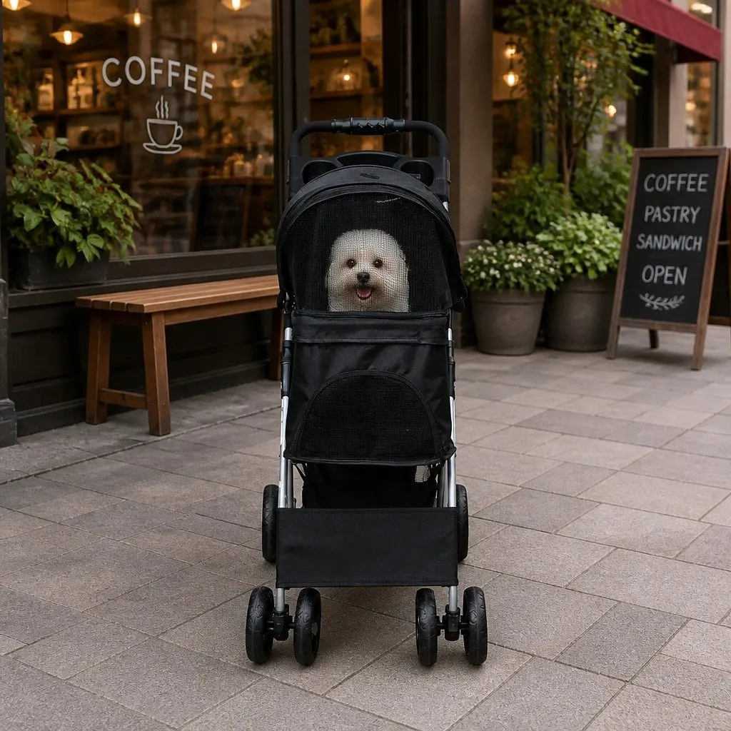 Pet Stroller Black Foldable Portable Travel Carrier 4 Wheels