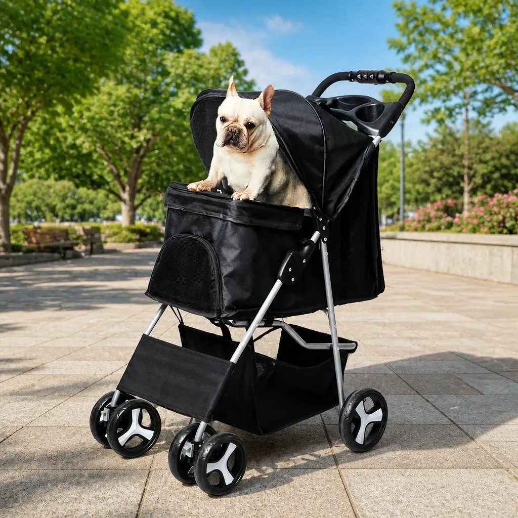 Pet Stroller Black Foldable Portable Travel Carrier 4 Wheels