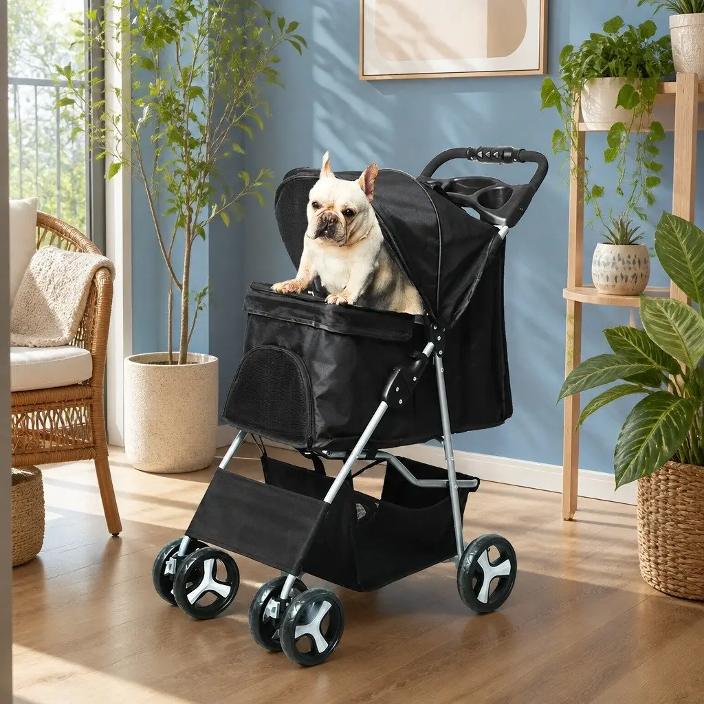 Pet Stroller Black Foldable Portable Travel Carrier 4 Wheels