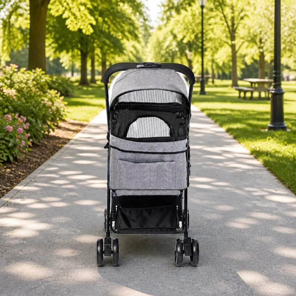 Pet Stroller Grey Large Foldable Travel Carrier with Meshed Front Panel and Spring Shock Absorption