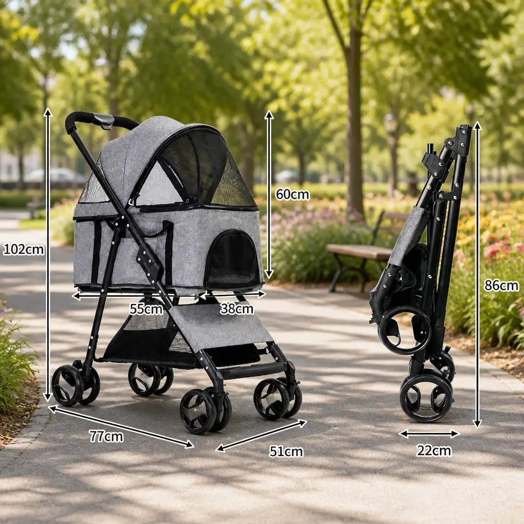 Pet Stroller Grey Large Foldable Travel Carrier with Meshed Front Panel and Spring Shock Absorption