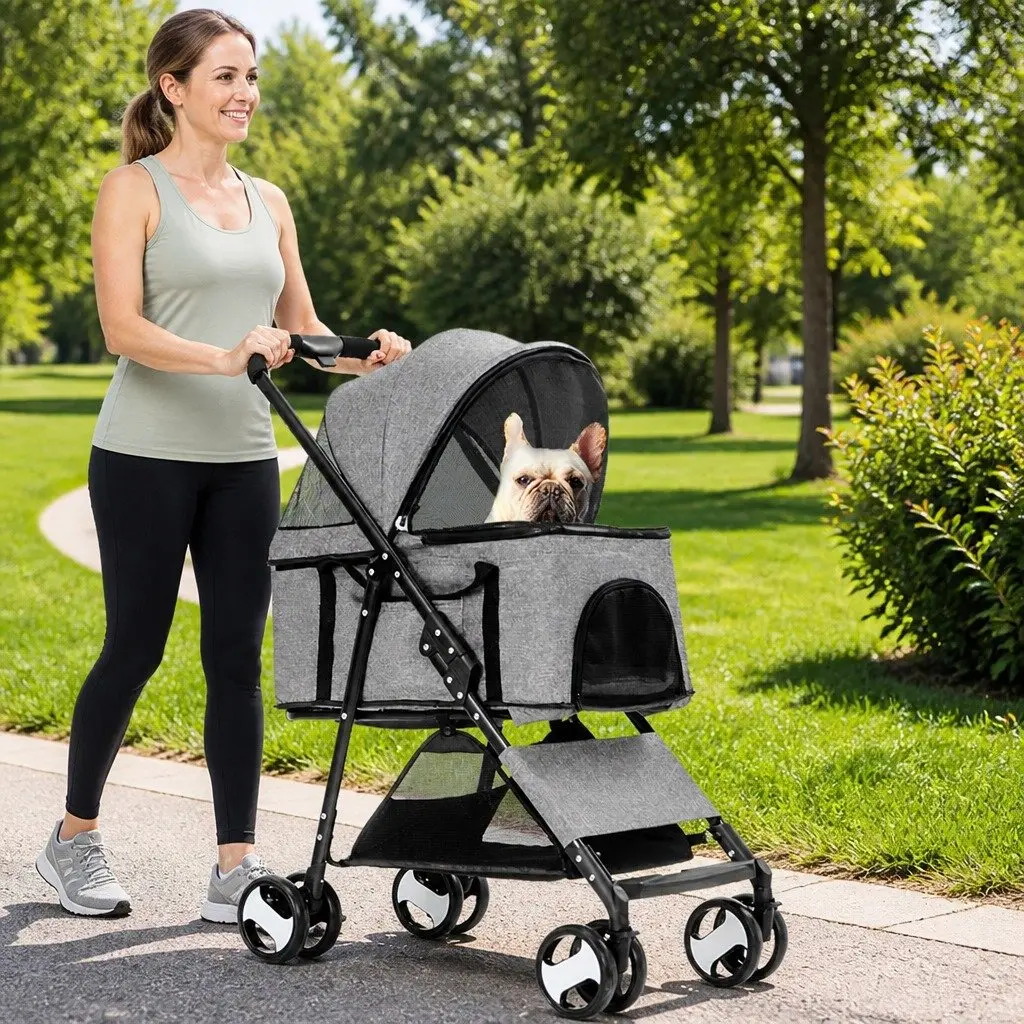 Pet Stroller Grey Large Foldable Travel Carrier with Meshed Front Panel and Spring Shock Absorption