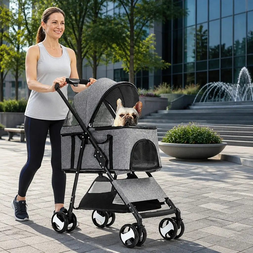 Pet Stroller Grey Large Foldable Travel Carrier with Meshed Front Panel and Spring Shock Absorption