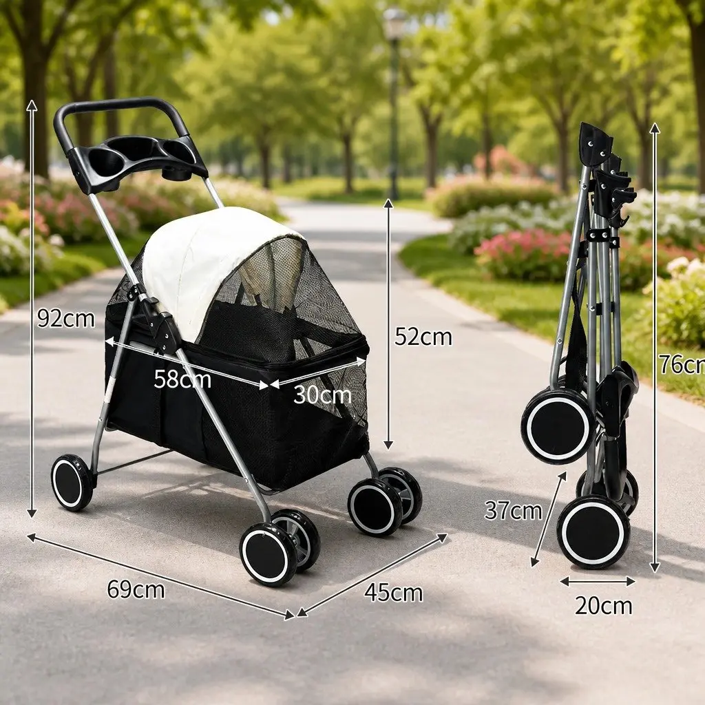 Pet Stroller Black Foldable Portable Travel Jogger with Adjustable Canopy and Spring Shock Absorption