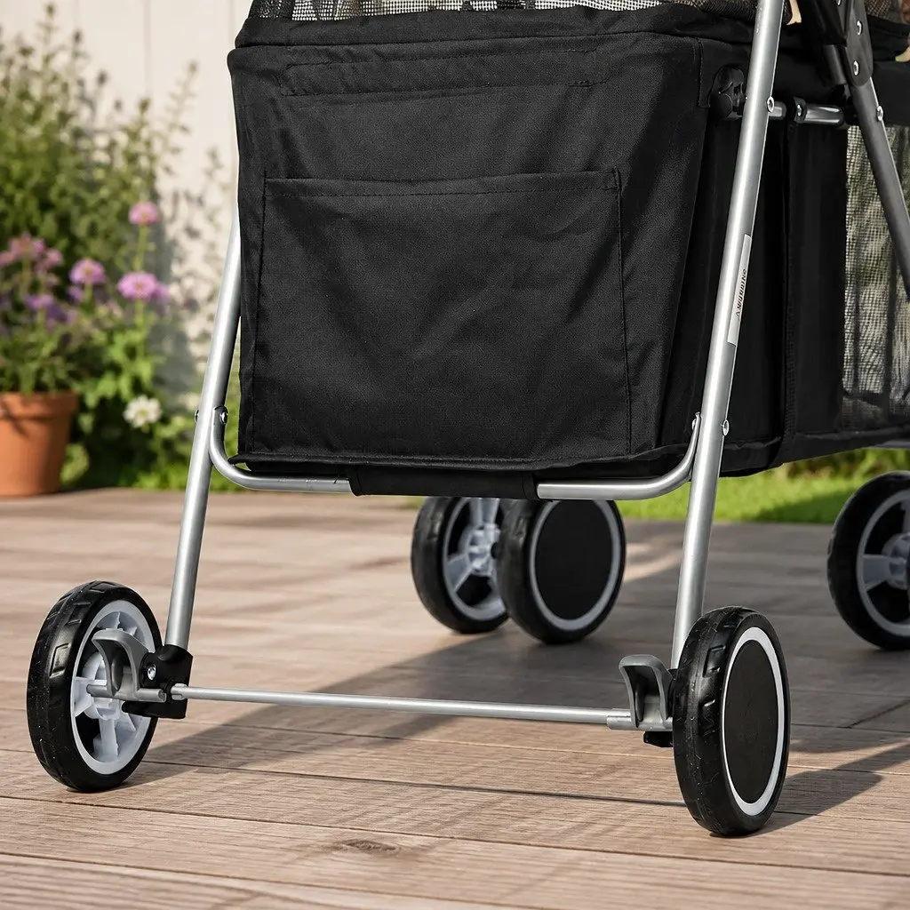 Pet Stroller Black Foldable Portable Travel Jogger with Adjustable Canopy and Spring Shock Absorption