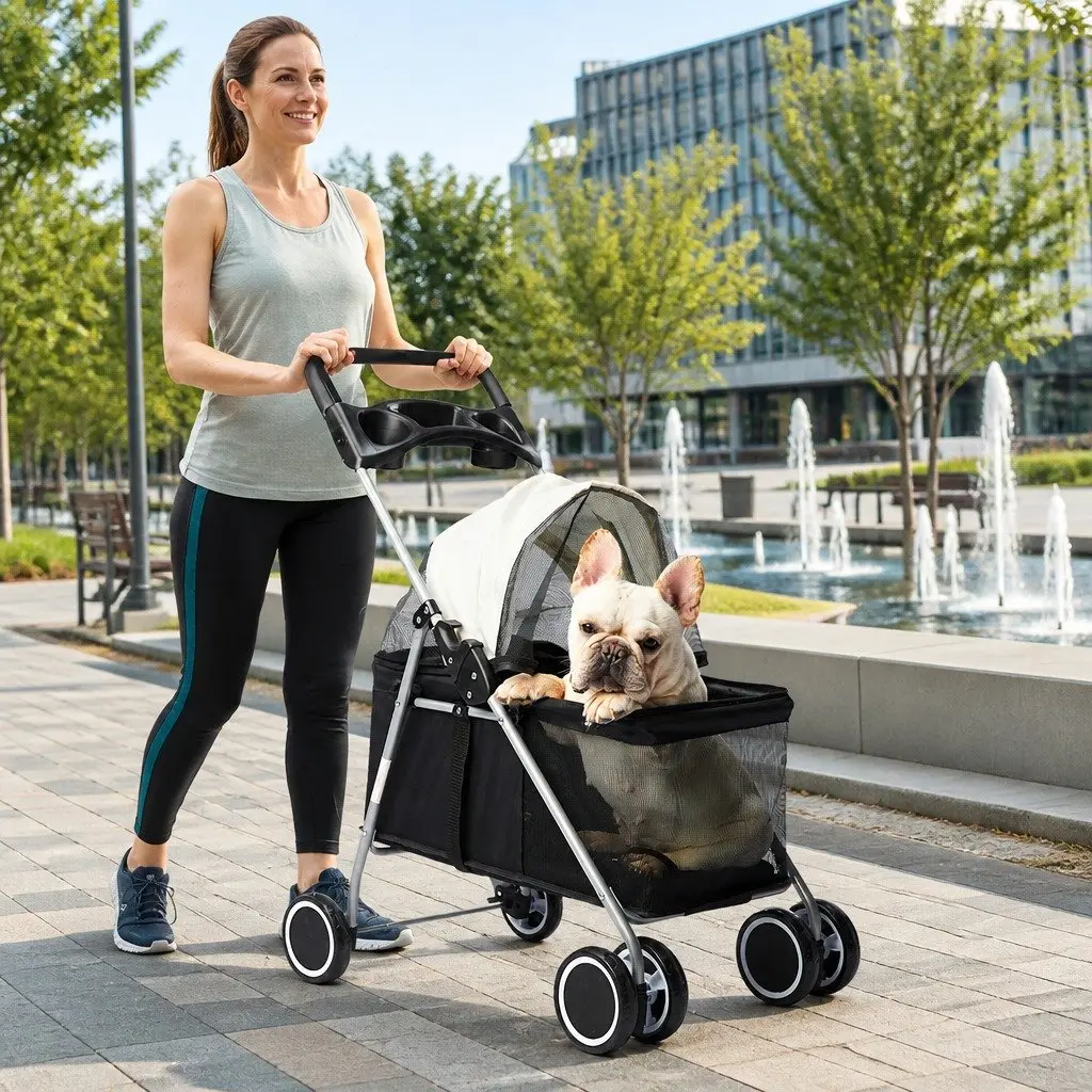 Pet Stroller Black Foldable Portable Travel Jogger with Adjustable Canopy and Spring Shock Absorption