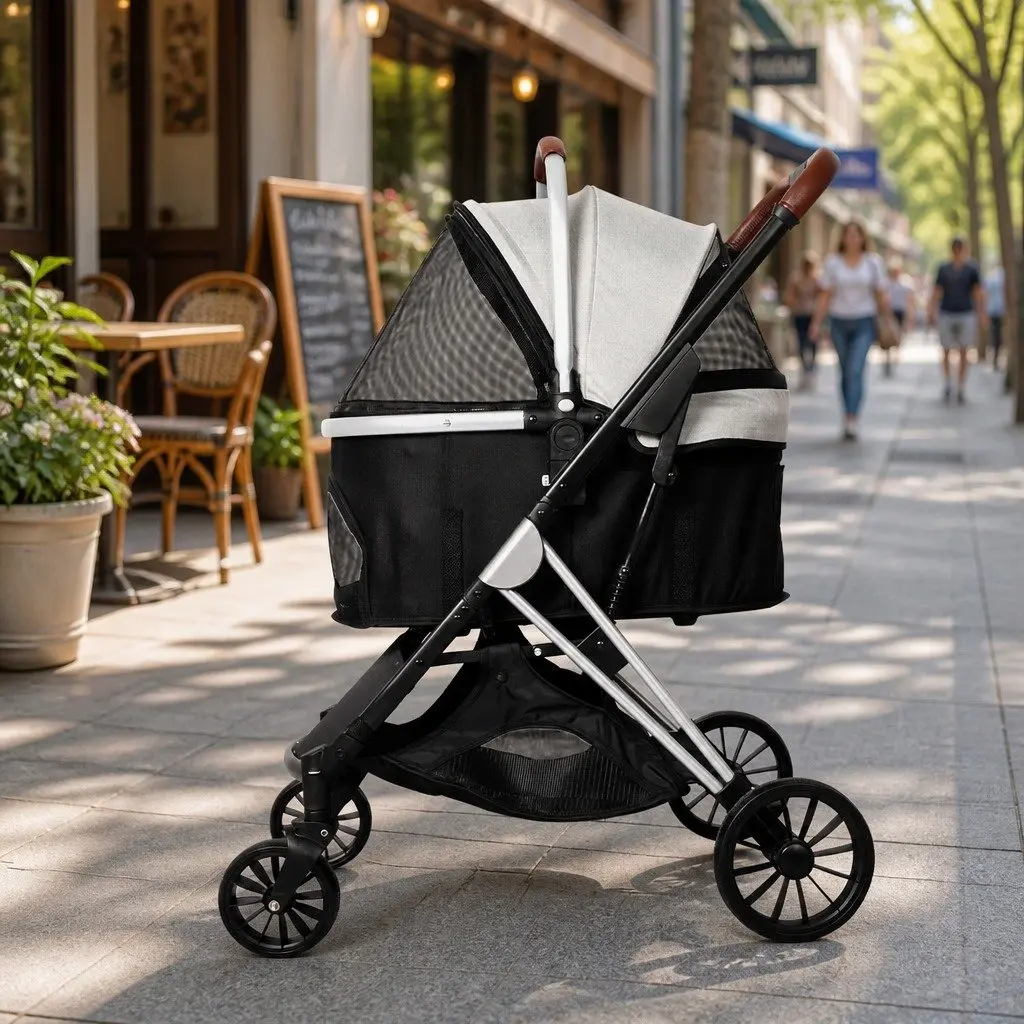 Pet Stroller 4 Wheels Dog Cat Pram Carrier Foldable Breathable Mesh Window