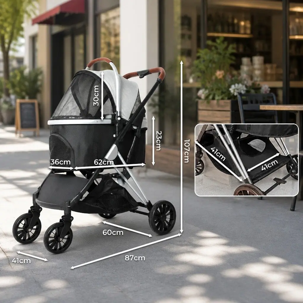 Pet Stroller 4 Wheels Dog Cat Pram Carrier Foldable Breathable Mesh Window