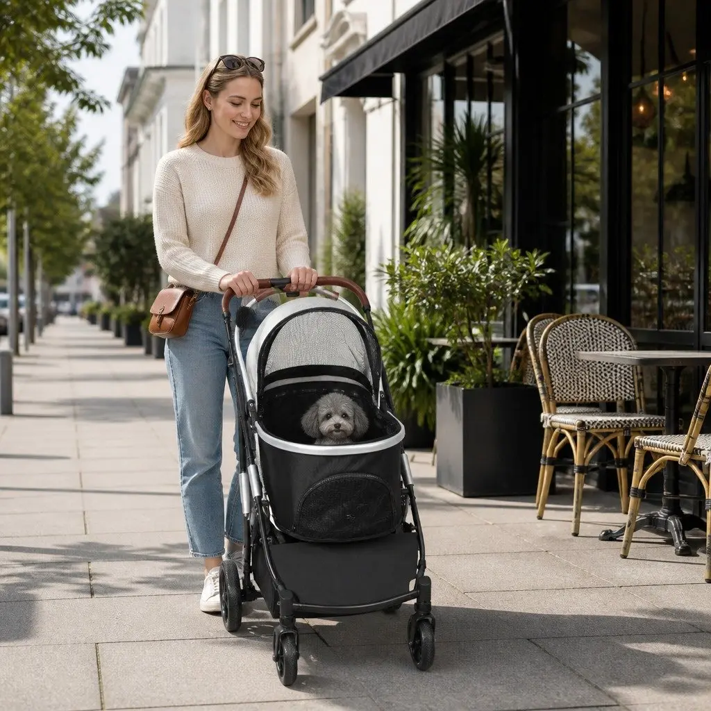 Pet Stroller 4 Wheels Dog Cat Pram Carrier Foldable Breathable Mesh Window