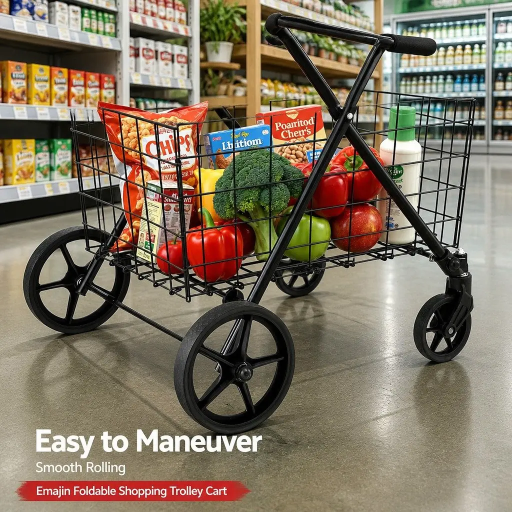 Foldable Shopping Trolley Cart Black Collapsible Kitchen Dining Storage Grocery