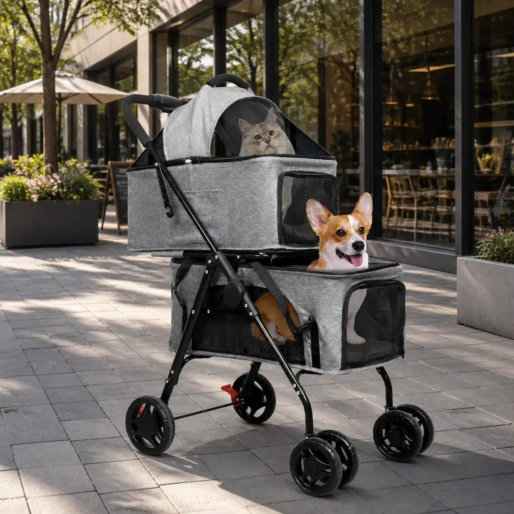 Two-Tier Pet Stroller Grey 49cm x 63cm x 101cm Lockable Wheels