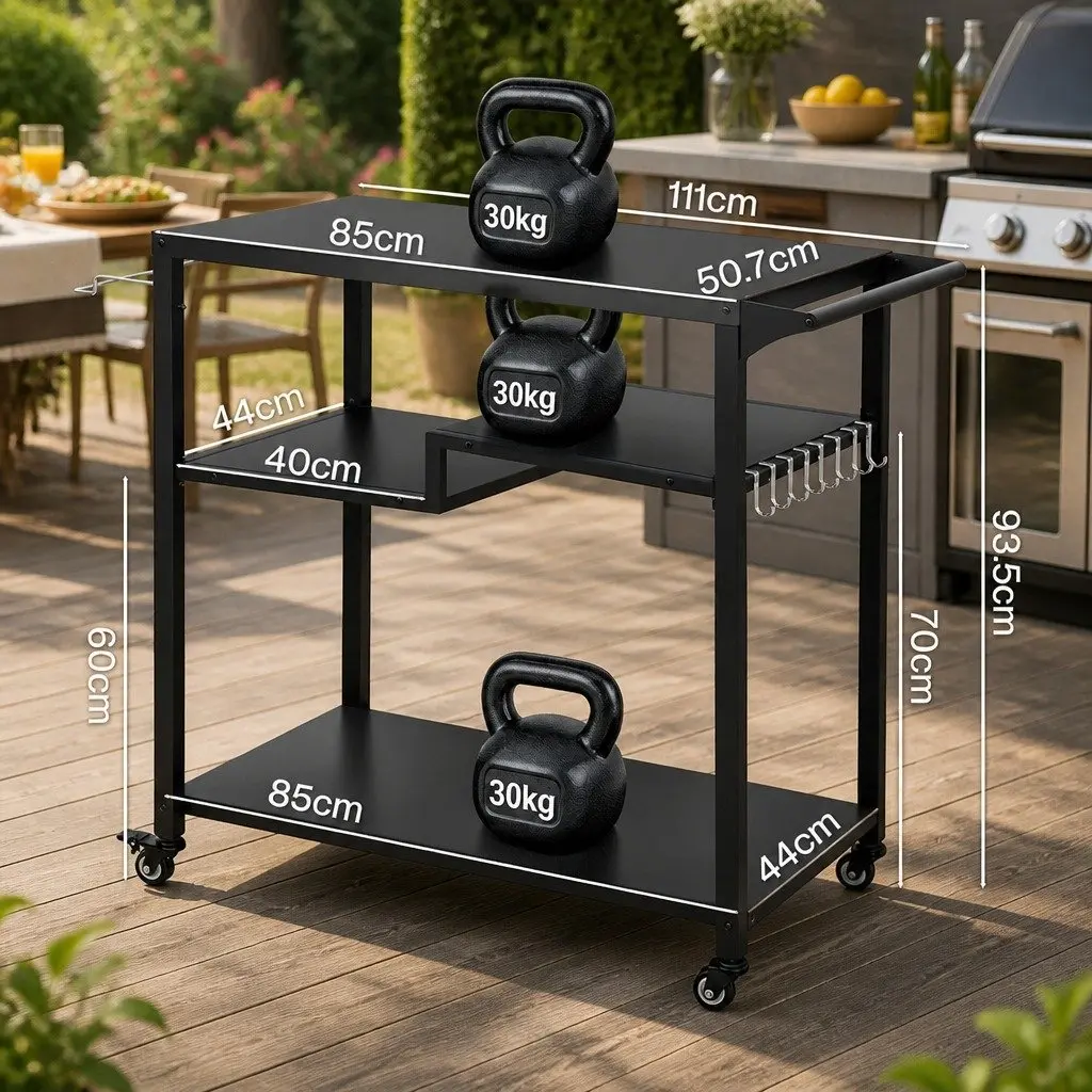 Outdoor Kitchen Cart Black 3 Tier Metal Frame BBQ Grill Serving Trolley with Swivel Caster Wheels Towel Bar and Garbage Bag Holder