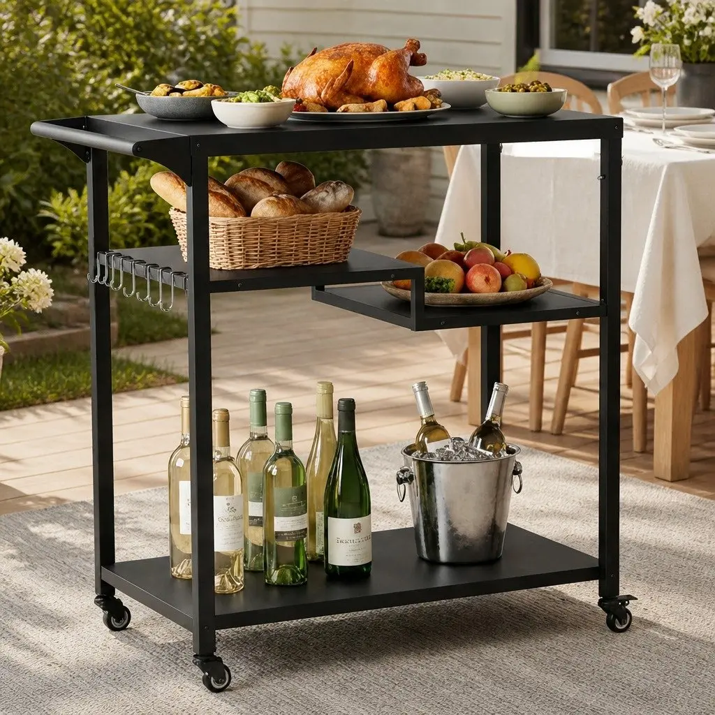Outdoor Kitchen Cart Black 3 Tier Metal Frame BBQ Grill Serving Trolley with Swivel Caster Wheels Towel Bar and Garbage Bag Holder
