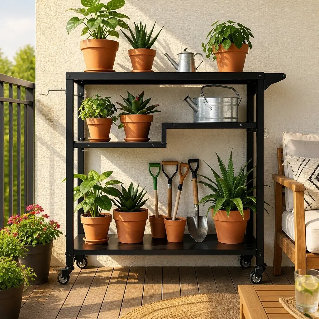 Outdoor Kitchen Cart Black 3 Tier Metal Frame BBQ Grill Serving Trolley with Swivel Caster Wheels Towel Bar and Garbage Bag Holder