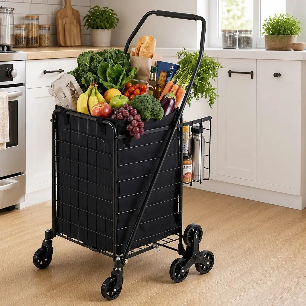 Folding Shopping Trolley Cart Black Lightweight Compact Stair Climbing Utility