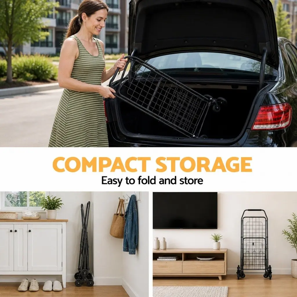 Folding Shopping Trolley Cart Black Lightweight Compact Stair Climbing Utility