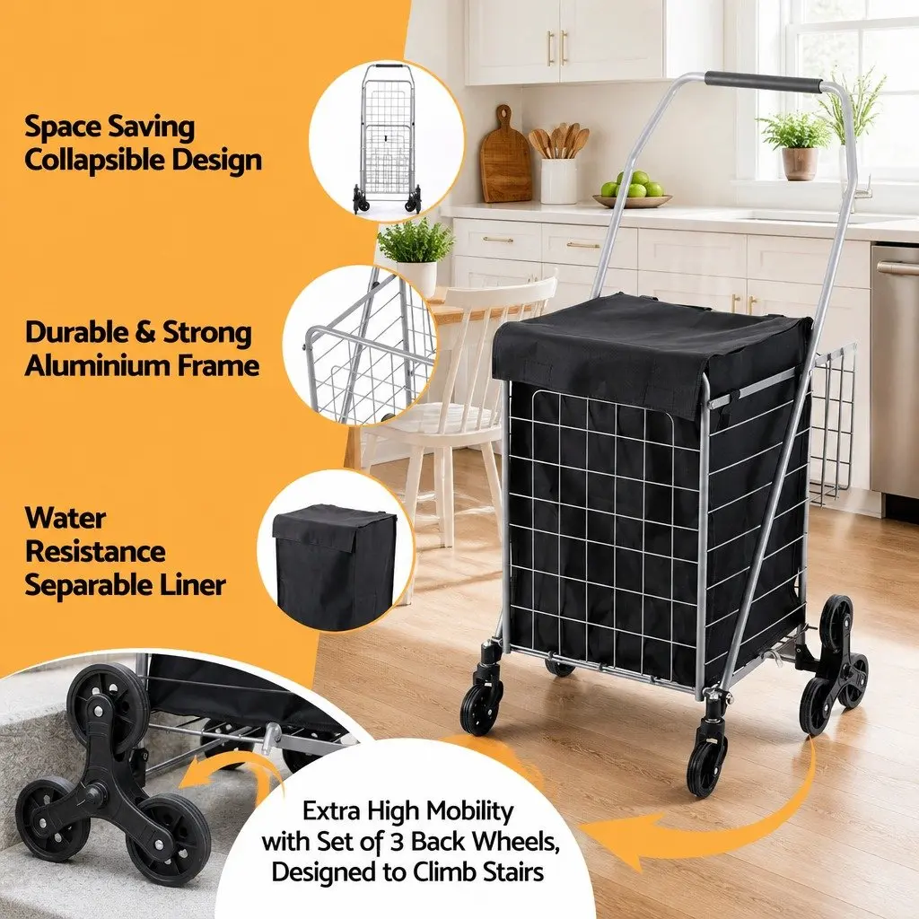 Folding Shopping Trolley Silver Aluminium Stair Climbing Utility Cart