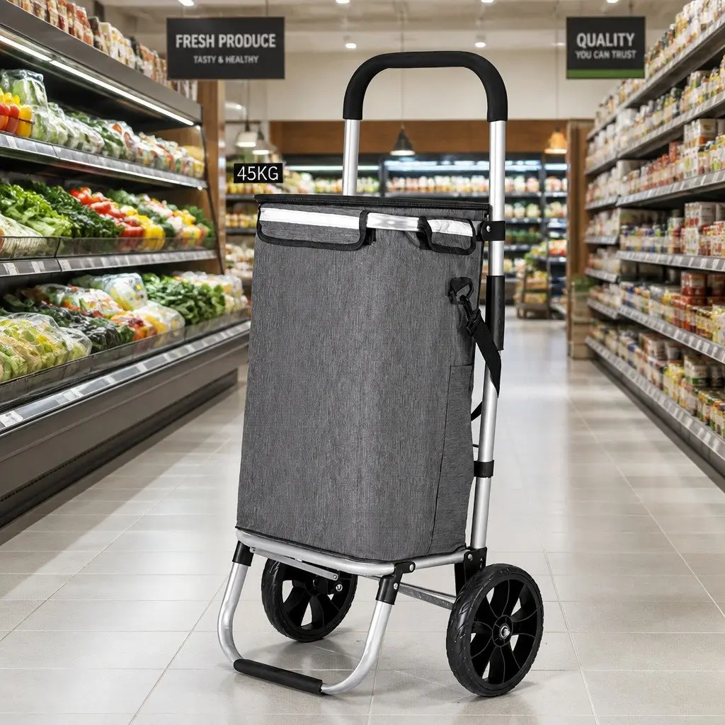 Shopping Trolley Cart Grey Foldable Lightweight Portable Aluminium Frame 45KG Capacity