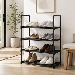 Shoe Rack Cabinet 4-Tier Stackable Storage Organizer 12 Pairs Black Metal Frame