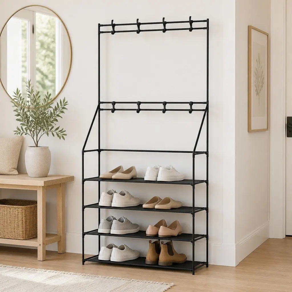 Shoe Rack Hall Tree Black Five-Tier Coat Hanger Storage Organiser