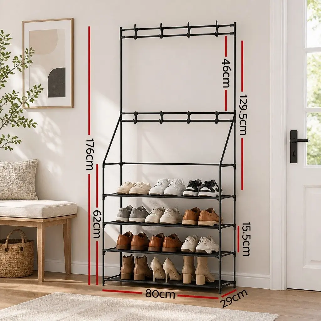 Shoe Rack Hall Tree Black Five-Tier Coat Hanger Storage Organiser