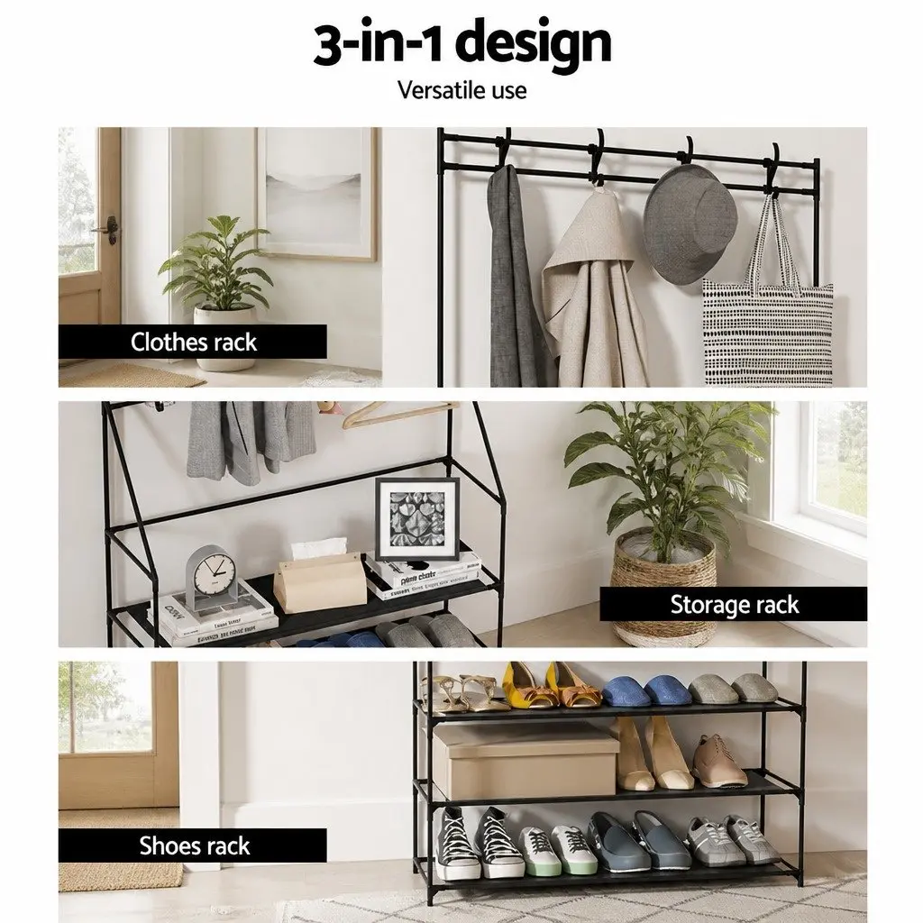 Shoe Rack Hall Tree Black Five-Tier Coat Hanger Storage Organiser
