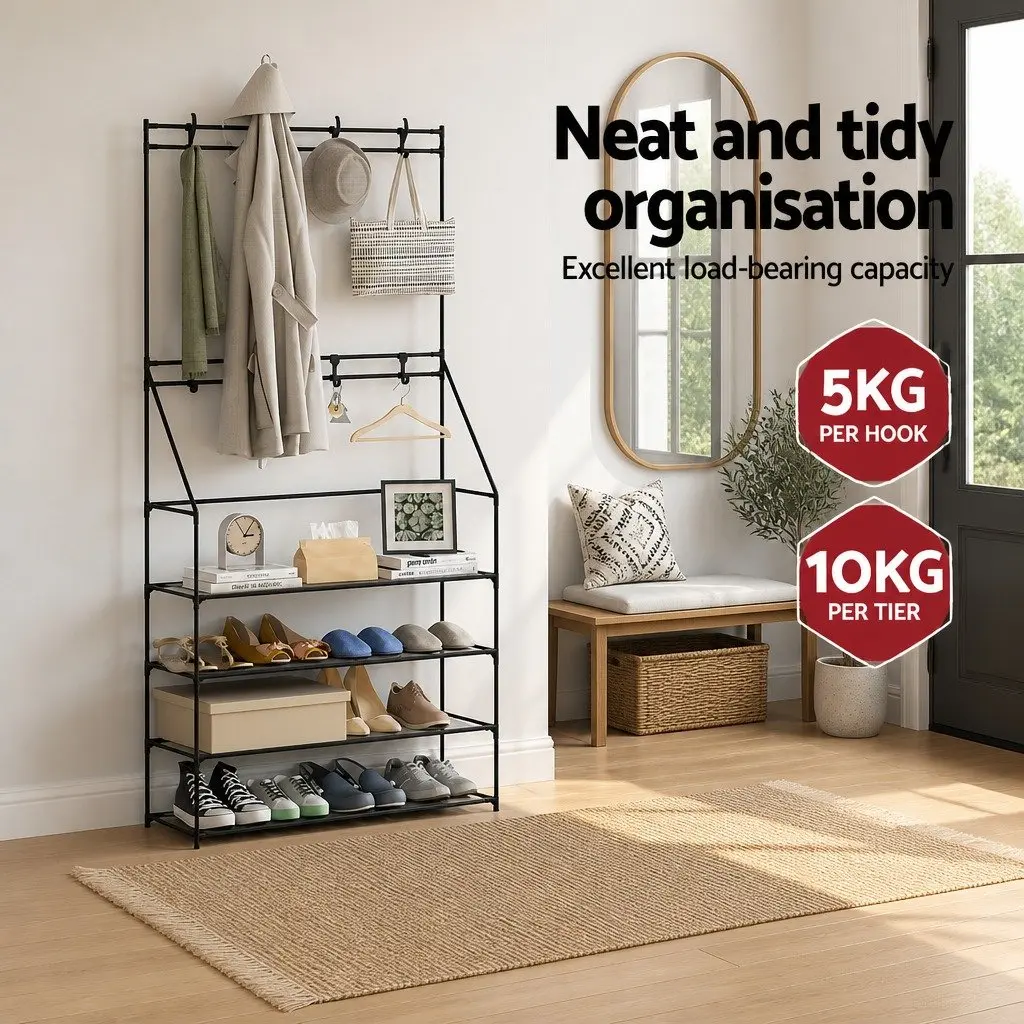Shoe Rack Hall Tree Black Five-Tier Coat Hanger Storage Organiser