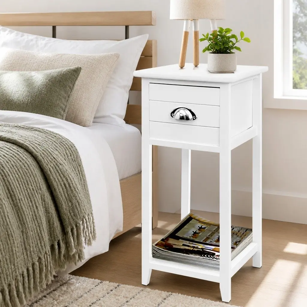 Bedside Table White Vintage Design Drawer Storage Compact Bedroom Furniture