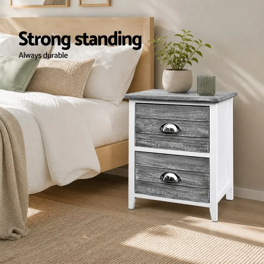 Bedside Table 2 Drawers Grey Vintage Nightstand Storage Bedroom Furniture