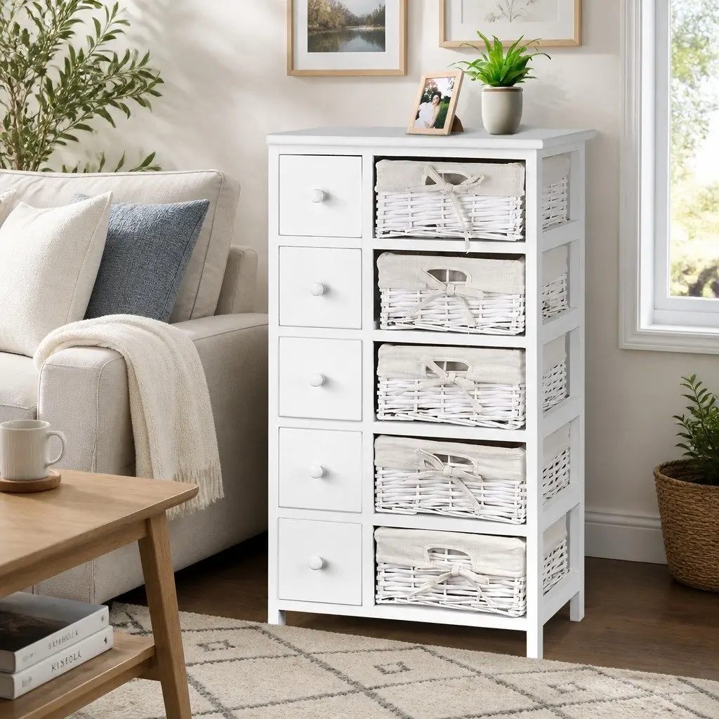 White Storage Cabinet 5 Drawers 5 Removable Baskets Bedroom Wardrobe Organizer