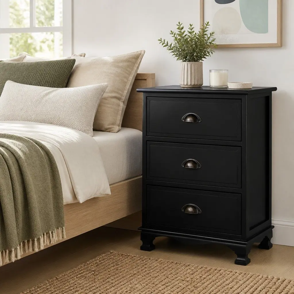 Bedside Table 3 Drawers Black Vintage Storage Cabinet Nightstand with Metal