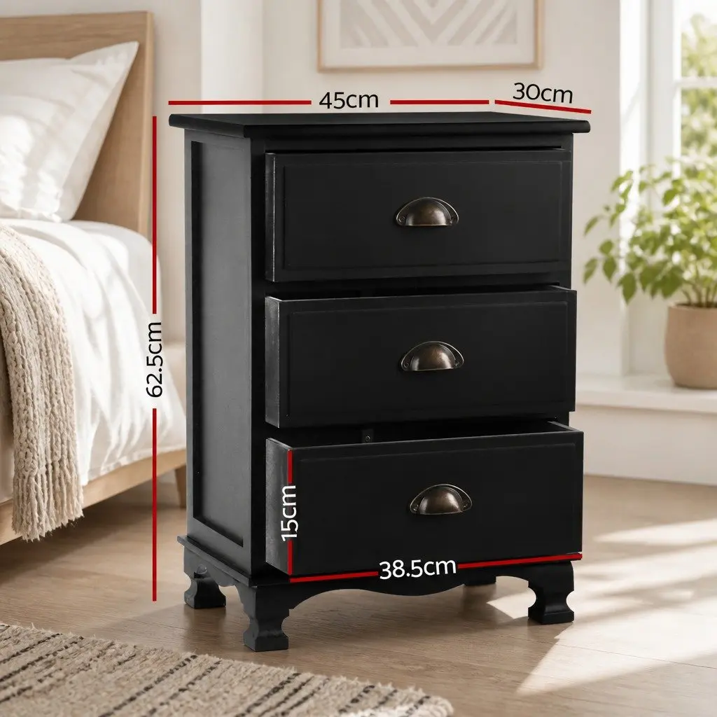 Bedside Table 3 Drawers Black Vintage Storage Cabinet Nightstand with Metal