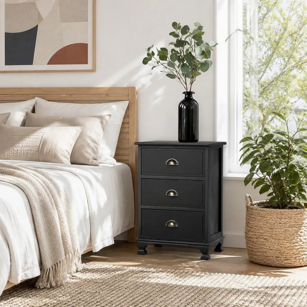 Bedside Table 3 Drawers Black Vintage Storage Cabinet Nightstand with Metal