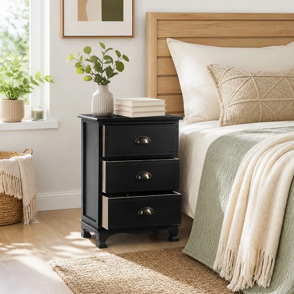 Bedside Table 3 Drawers Black Vintage Storage Cabinet Nightstand with Metal