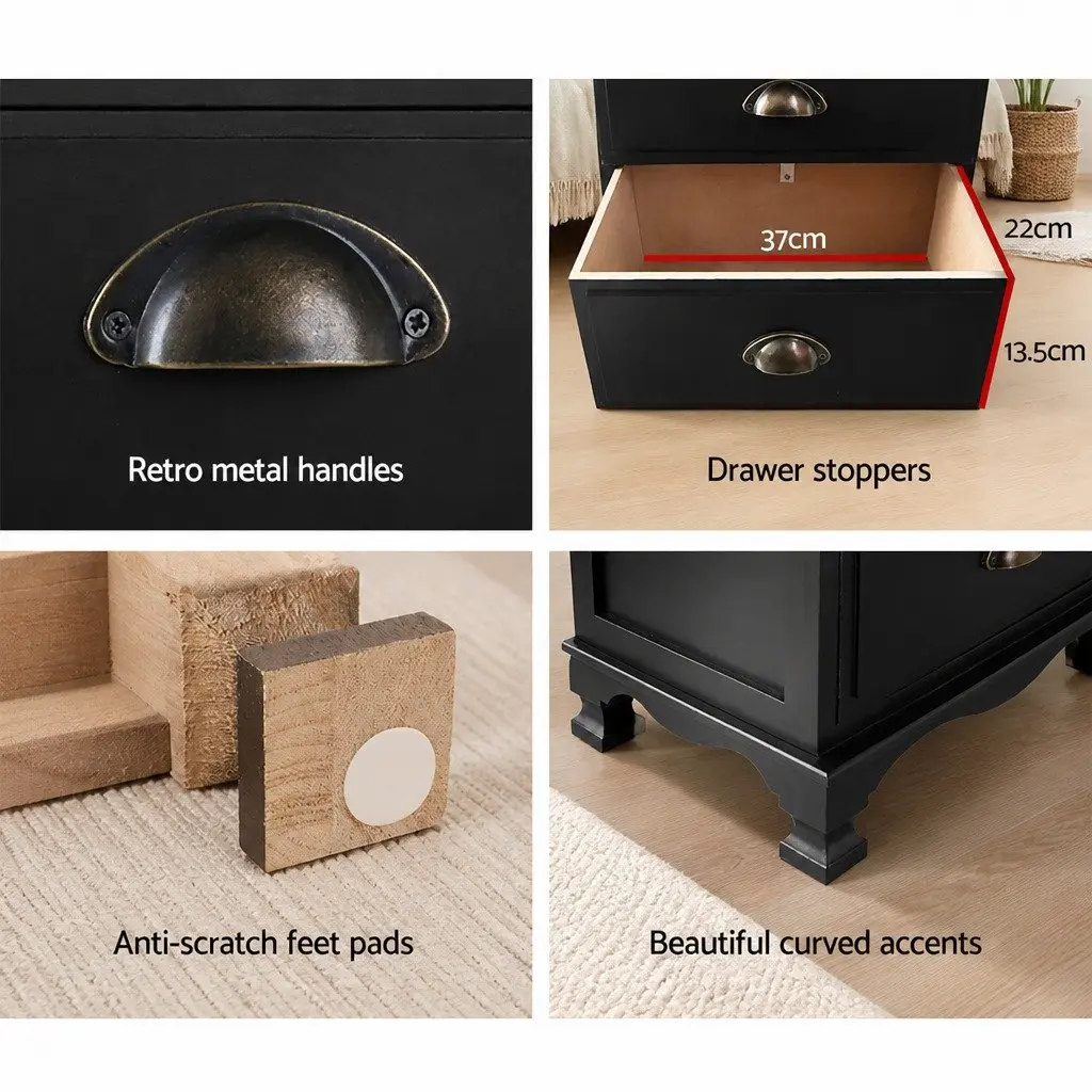 Bedside Table 3 Drawers Black Vintage Storage Cabinet Nightstand with Metal