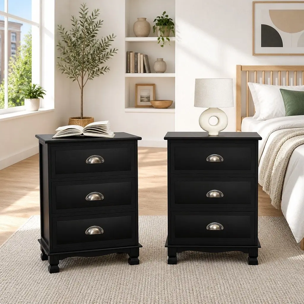 Bedside Table 3 Drawers Black Vintage Storage Cabinet Nightstand with Metal