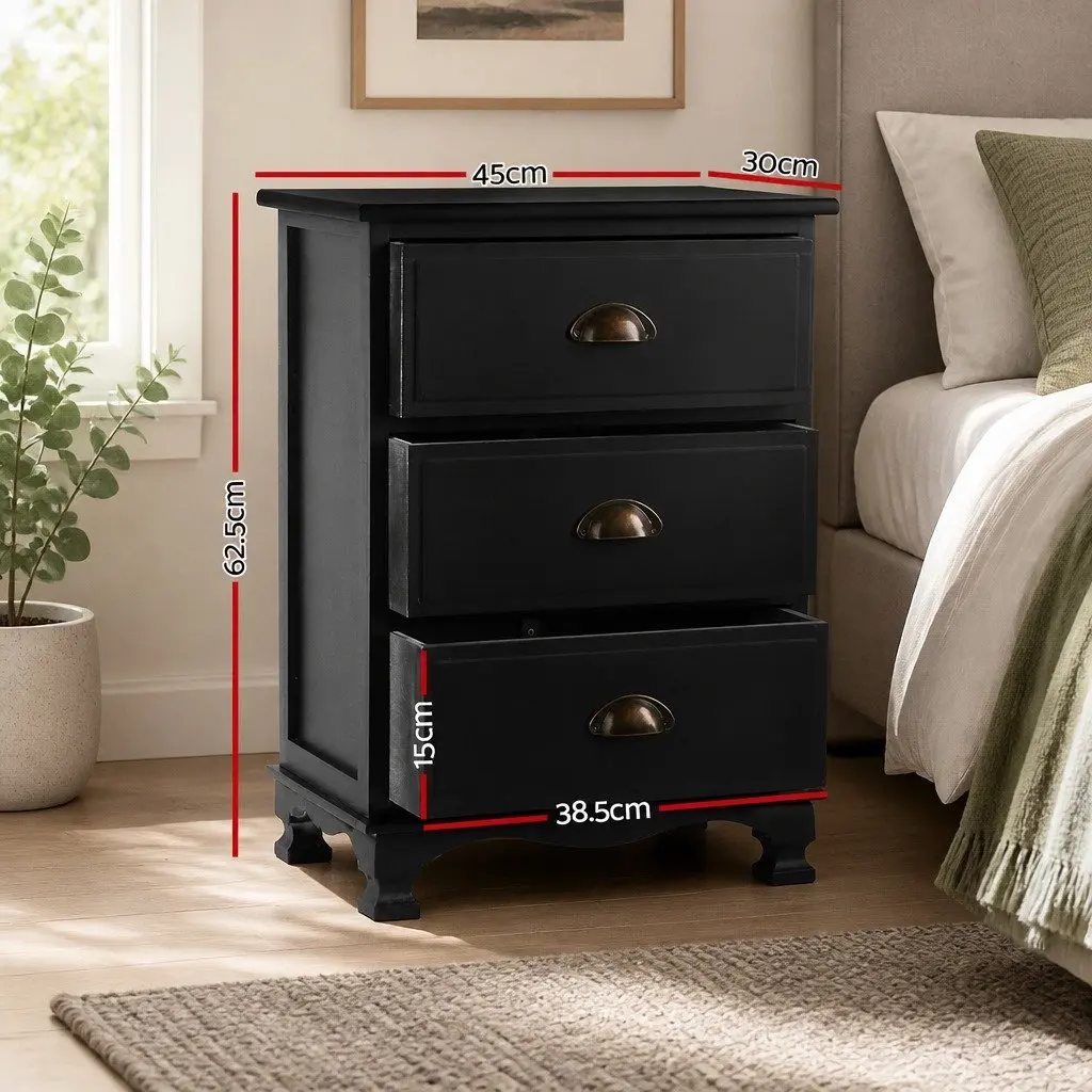 Black Bedside Table 3 Drawers Vintage Storage Cabinet Nightstand Bedroom