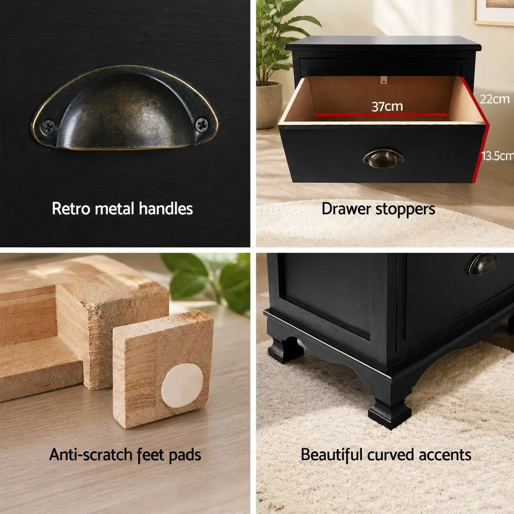 Black Bedside Table 3 Drawers Vintage Storage Cabinet Nightstand Bedroom